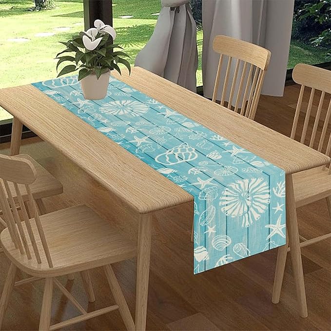 Beach Starfish Table Runner, Blue Wooden Nautical Coastal Ocean Seashell Teal Print Summer Vintage Coffee Table Center Decor for Family Holiday Party Kitchen Farmhouse Table Decorations, 13" X 108"