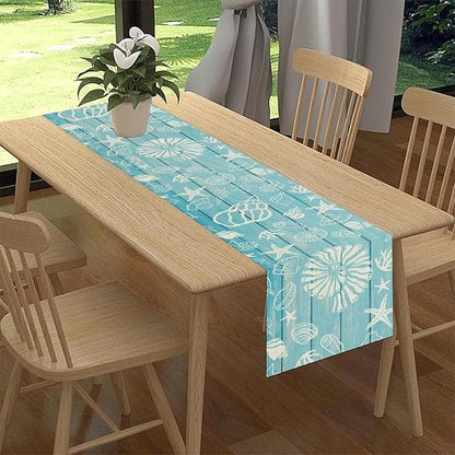 Beach Starfish Table Runner, Blue Wooden Nautical Coastal Ocean Seashell Teal Print Summer Vintage Coffee Table Center Decor for Family Holiday Party Kitchen Farmhouse Table Decorations, 13" X 108"