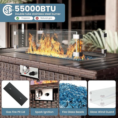 Patio Furniture Set with Fire Pit Table 5 Piece, Outdoor Conversation Sets Brown Wicker Rattan Sectional Sofa for Deck Garden Backyard, 4'' Thickened Cushion Dark Grey