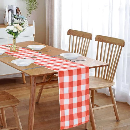 Fabric Checkered Table Runner 1 Pack Waterproof Gingham Table Runner 14W x 108L Buffalo Check Table Runners for Parties Kitchen Dining Wedding Banquet (Red and White)