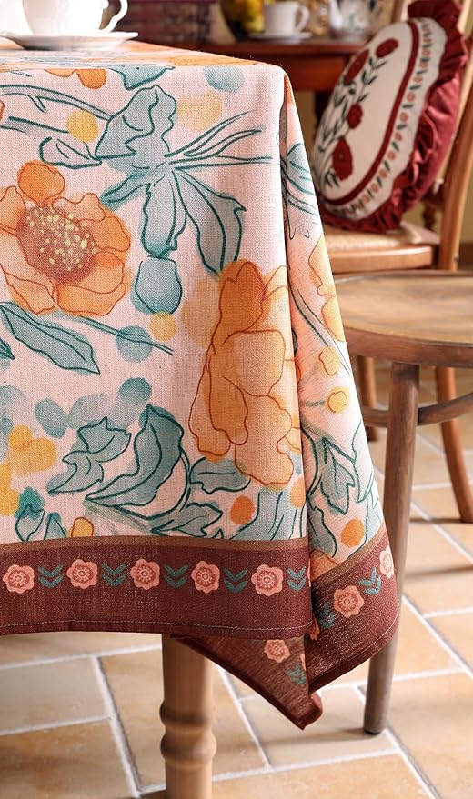 Vintage Linen Long Rectangle Tablecloth,Italian Orange Floral Soft and Wrinkle Resistan Table Cloth,Decor Table Cover for Kitchen,Dining,Thanksgiving,Christmas,63"*102"-Positano