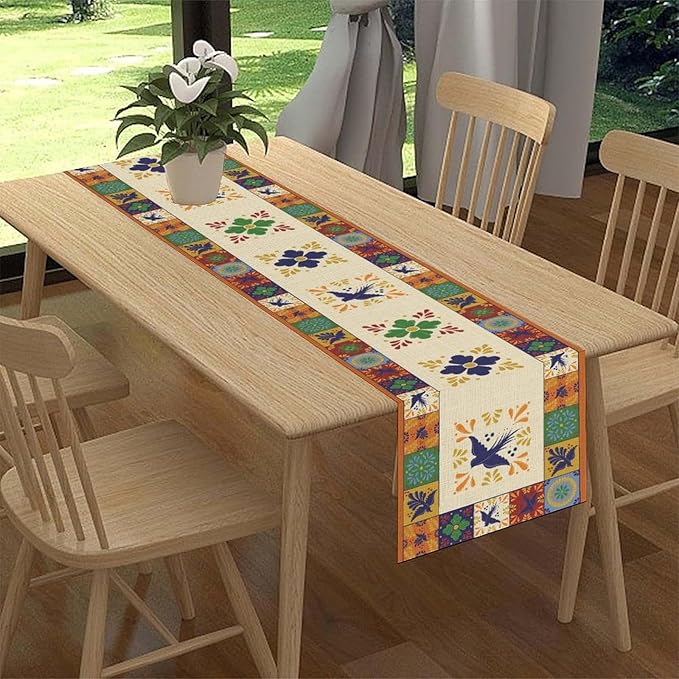 Mexican Table Runner, Orange Floral Birds Mexico Talavera Ceramic Dia De Los Muertos Coffee Table Center Decor for Family Home Kitchen and Dining Farmhouse Indoor Outdoor Table Decorations, 13" X 72"