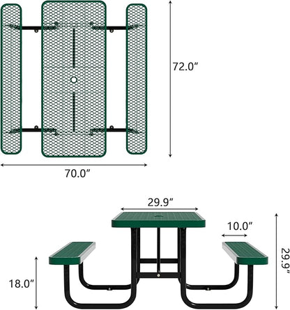 6FT Picnic Tables for Outdoors, Rectangular Commercial Metal Picnic Table Bench Set with Umbrella Hole,Heavy Duty Steel Weather-Resistant Dining Table for Patio Dining Garden Backyard BBQ School
