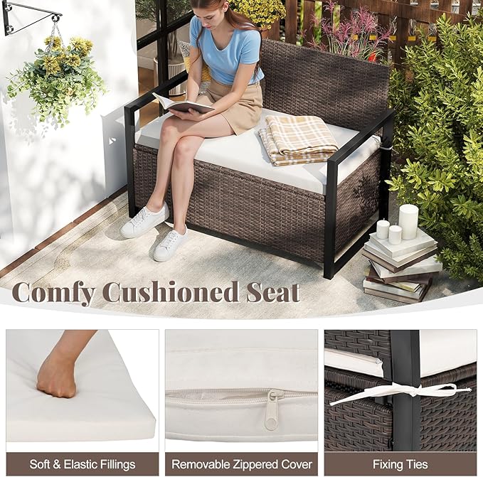 RELAX4LIFE Wicker Rattan Outdoor Storage Loveseat Bench Mix Brown Off White | - Image 5