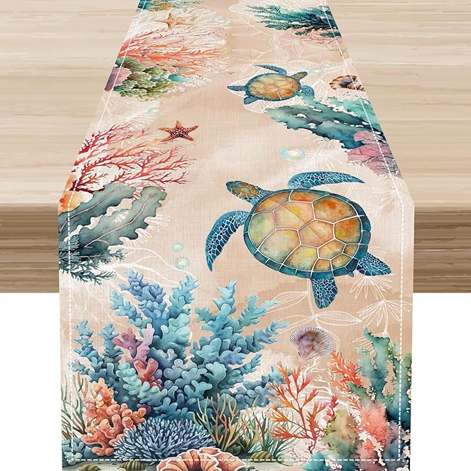 Retro Sea Turtle Table Runner, Nautical Starfish Underwater Coral Seashell Coastal Ocean Seasonal Coffee Table Center Decor for Home Kitchen Dining Patio Holiday Party Table Decorations 13"x36"