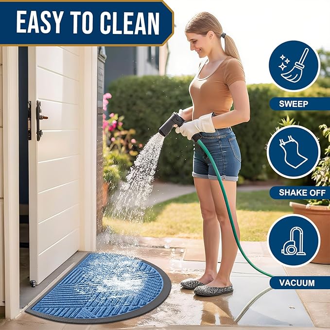 Smiry Half Circle Front Door Mat Outside Entrance, Heavy Duty Sturdy Natural Rubber Doormat, Trap Dirt and Moisture, Low Profile Mats for Indoor Outdoor Entry, Irregular Triangle (47x32, Blue)
