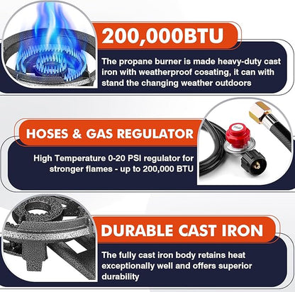 Llamaviva 90,000 BTU Portable Propane Burner Stove Cast Iron Single Burner for Outdoor Wok Cooking 0-20 PSI Adjustable Regulator & 4 ft Hose - Lightweight & Easy to Carry for Camping