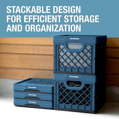 CleverMade Collapsible Milk Crate, Ocean, 3PK - 25L (6 Gal) Stackable Storage Bins, Holds 50lbs Per Bin - Clevercrates are Heavy Duty, Plastic Collapsible Storage Crate for Multi Purposes