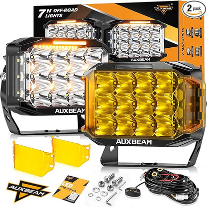 Auxbeam V-MAX Series 204W LED Driving Pod Lights, 7Inch Rectangle Offroad Spotlight with Amber DRL & Backlight, 270° Side Shooter Ditch Auxiliary Spot Flood Combo Beam for Truck Jeep Pickup SUV ATV