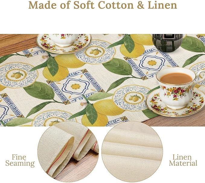 Tiles Lemon Table Runner, Watercolor Italian Tile Floral Plant Print Table Runner for Farmhouse Coffee Home Kitchen Dining Outdoor Party 13x90in