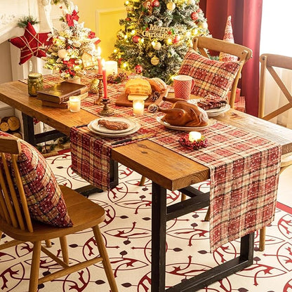 Red Plaid Snowflake Christmas Table Runner, Winter Holiday Table Runners 108 inches Long Xmas Decorations Indoor Outdoor Farmhouse Home Kitchen Dining Party Decor