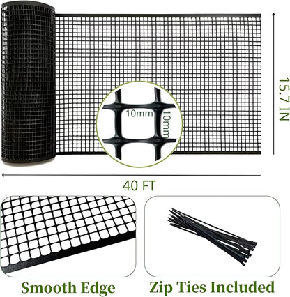 PotatoLife Plastic Wire Mesh Fence, Balcony Fence for Baby and Pets, Safety Fence, Stair Protector, Poultry, Garden, Tree Support, Durable Material, Free Zip Ties (Black, 15.7'' x 40')
