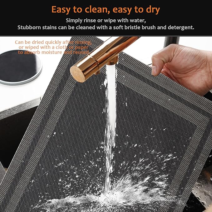 Placemats Set of 12 Washable&Wipeable Place mats for Dining Table Kitchen Indoor Outdoor Table Mats Heat Resistant Non Slip Woven Vinyl Table Placemats (Black，12PCS)