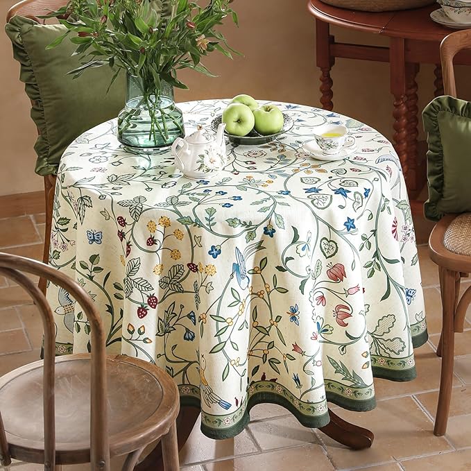 Linen 67 Inch Round Tablecloth,Wrinkle Resistant French White and Green Tablecloth Print with Froal,Decor Stitch Table Cloth for Thanksgiving,Dining Room,Home Diameter 67"-Idaho A