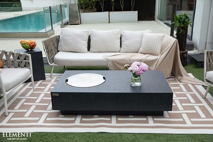 Elementi | Bundle Metropolis Gas Fire Pit Cast Concrete 56" Rectangular Fire Table, Outdoor Fire Pit Electronic Ignition | Canvas Cover, Lava Rock Included | Dark Gray (Natural Gas)