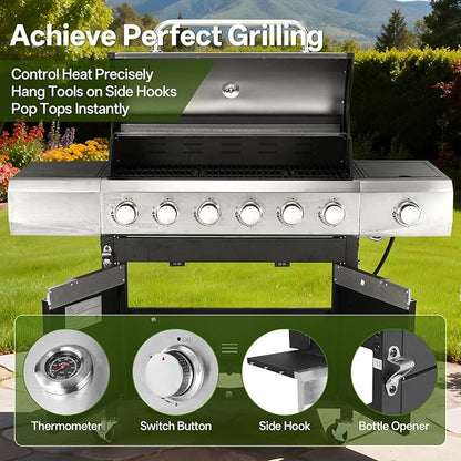 Endark Upgraded 68,500 BTU 6-Burner Stainless Steel Propane Gas Grill – Outdoor BBQ Grill with Side Burner & Porcelain Grates, Barbecue Grill Wheeled for Patio, Garden, Backyard