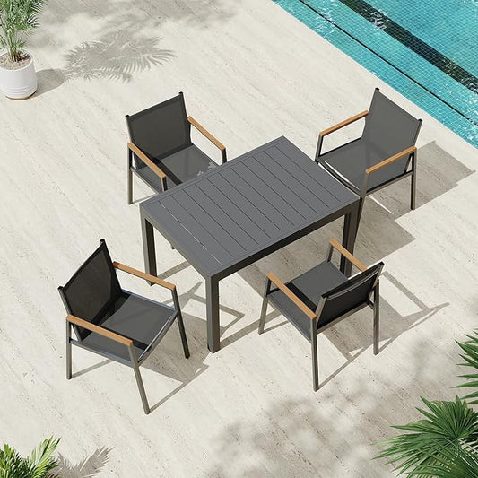 Expandable Outdoor Patio Dining Table Set for 6-8 Person, Aluminum Outdoor Table and 4 Chairs with Textilene Fabric & HDPS Armrest, All-Weather Patio Furniture Set for Yard, Garden, Gray