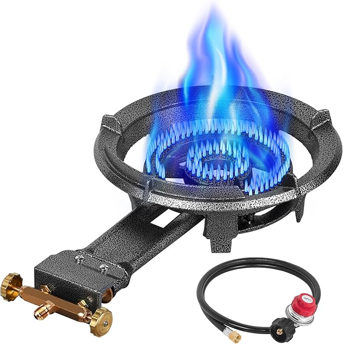 Llamaviva 90,000 BTU Portable Propane Burner Stove Cast Iron Single Burner for Outdoor Wok Cooking 0-20 PSI Adjustable Regulator & 4 ft Hose - Lightweight & Easy to Carry for Camping