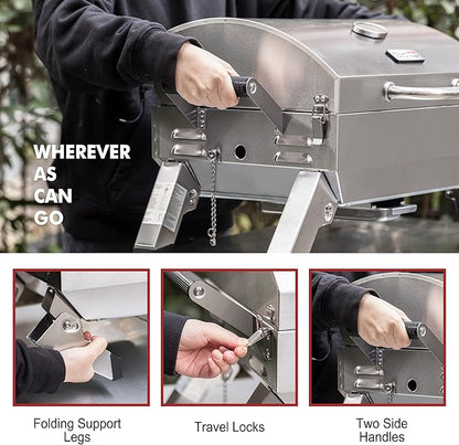 Stainless Steel Portable Grill with Two Handles and Travel Locks, Tabletop Propane Gas Grill with Folding Legs, 10000 BTU, for Picnic Cookout, GT2001, Silver