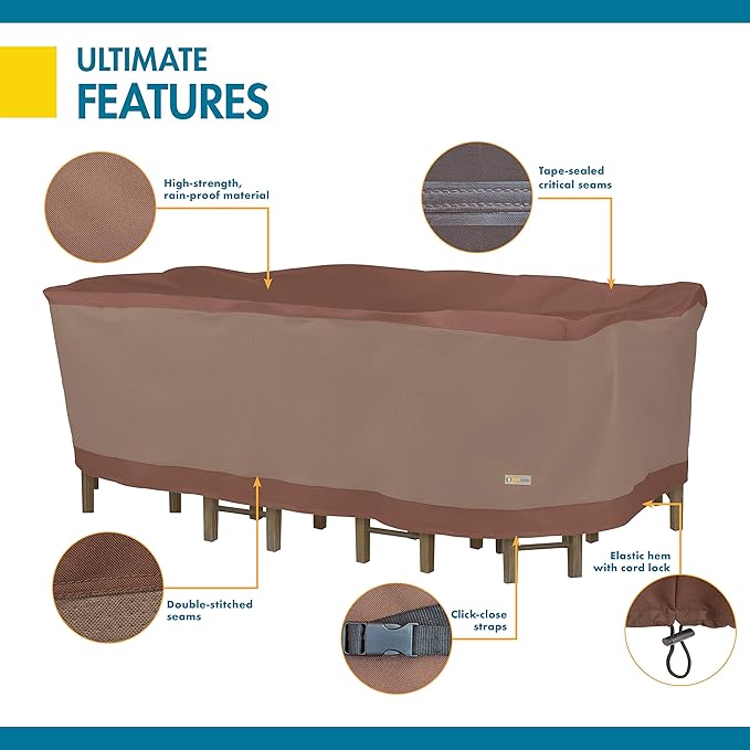 DUCKCOVERS Ultimate Waterproof Rectangular/Oval Patio Table with Chairs Cover, 125 Inch