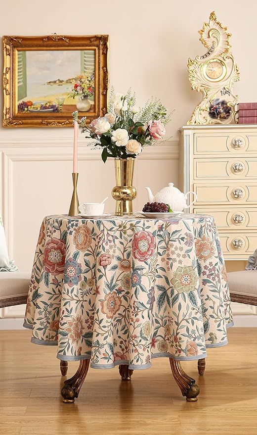 Designer Vintage Linen Round Tablecloth,French Rustic Floral Table Cloth with Colorful Pattern,Decor Table Cover for Kitchen,Dining,Thanksgiving,Christmas,Diameter 67"-Flowershadow a