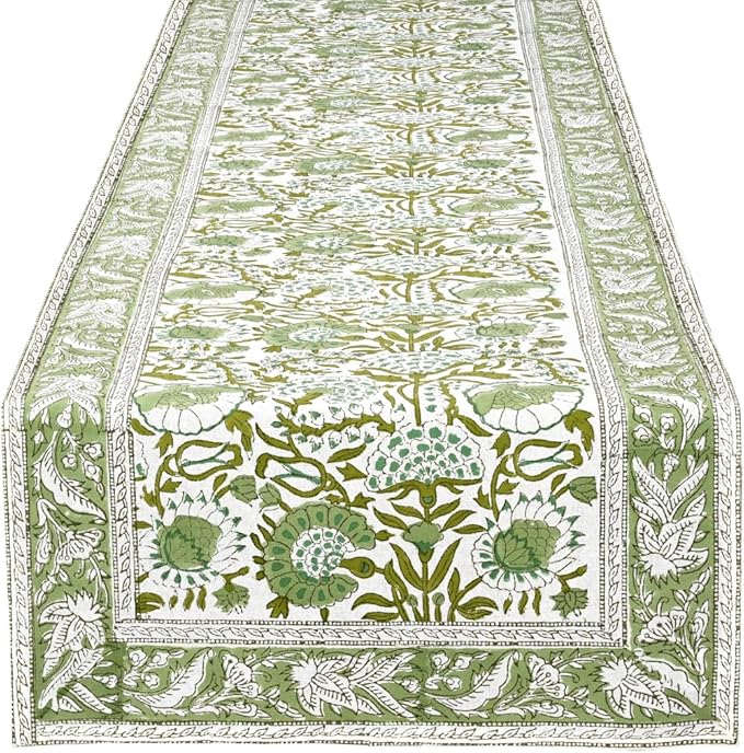 CPC Cotton Table Runner 16x106 inch Block Printed Long Fall Table Runner for Dining Table, Card Table, Coffee Table, Wedding, Farmhouse & Outdoor Barbeque-Agate Green