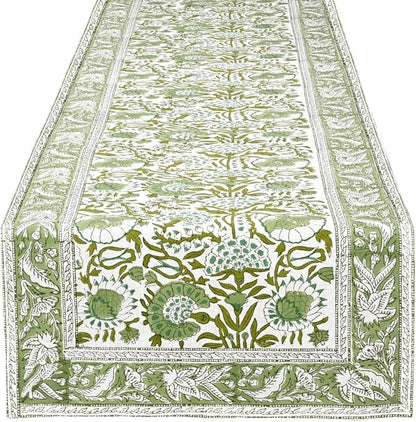 CPC Cotton Table Runner 16x106 inch Block Printed Long Fall Table Runner for Dining Table, Card Table, Coffee Table, Wedding, Farmhouse & Outdoor Barbeque-Agate Green