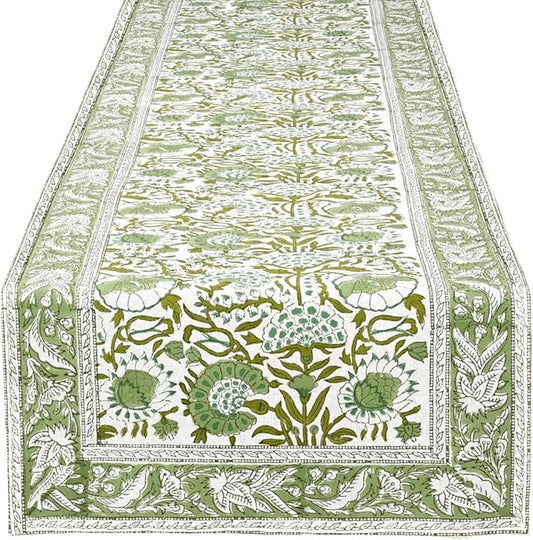 CPC Cotton Table Runner 16x106 inch Block Printed Long Fall Table Runner for Dining Table, Card Table, Coffee Table, Wedding, Farmhouse & Outdoor Barbeque-Agate Green