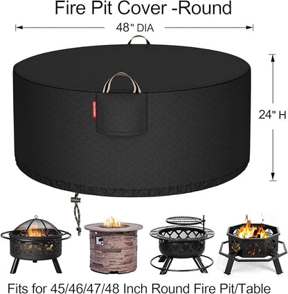 [2025 Upgraded 900D Fabric] Fire Pit Cover Round for 45-48 inch Fire Pit, 900D Heavy Duty Waterproof Fireplace Cover with Air Vent, Handle & Tightening Drawstring, 48"Dia x 24"H -Black