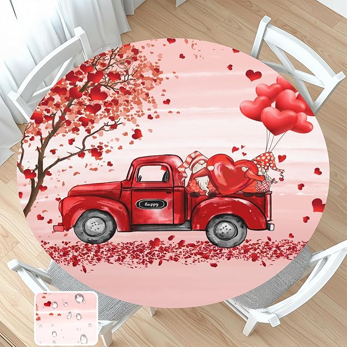 Valentines Day Round Fitted Tablecloth with Elastic Pink Red Heart Circle Table Cloth for 36-40" Round Tables Wipeable Waterproof Washable Gnome Truck Valentine Table Cover for Dining Picnic Party