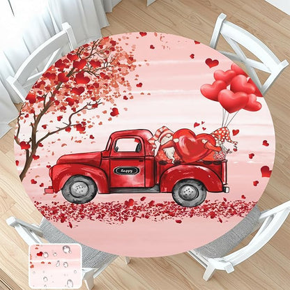 Valentines Day Round Fitted Tablecloth with Elastic Pink Red Heart Circle Table Cloth for 44-48" Round Tables Wipeable Waterproof Washable Gnome Truck Valentine Table Cover for Dining Picnic Party