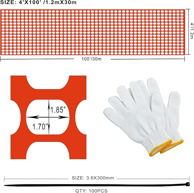 Safety Fence Plastic Mesh Fencing Roll, 4'x100' Feet 1 Roll with 100 Zip Ties, Temporary Reusable Netting for Snow Fence, Garden, Construction and Animal Barrier (Orange MW 10.71 lb/roll)