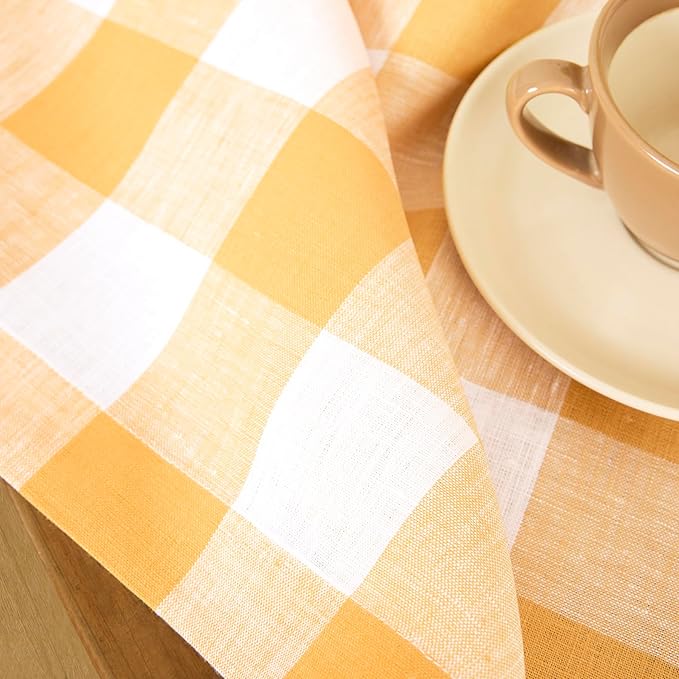 Solino Home Linen Checkered Table Runners 72 Inches Long - 100% Pure Linen Mustard and White Buffalo Check Table Runner 14 x 72 Inch Ideal for Dresser, Spring, Easter