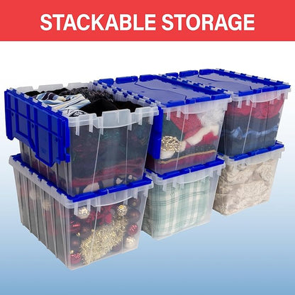 Akro-Mils KeepBox 12 Gallon Storage Container, Nesting and Stackable Plastic Storage Box with Lid Attached, Organizer Tote for Garages, Closets, Moving, 21-1/2" x 15" x 12-1/2", Black/Yellow, 6-Pack
