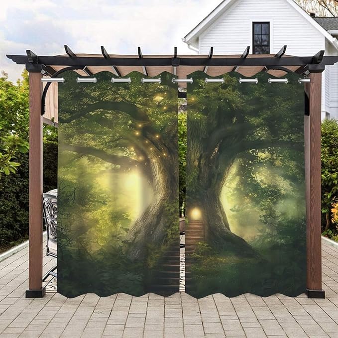 Fantasy Theme Waterproof Outdoor Curtains for Patio,Forest Pattern,Waterproof, Privacy, Grommet Curtains for Patio, Pergola, Porch, Deck, Lanai, Cabana,2 Panels,54 x 84 inch,Green