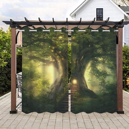 Fantasy Theme Waterproof Outdoor Curtains for Patio,Forest Pattern,Waterproof, Privacy, Grommet Curtains for Patio, Pergola, Porch, Deck, Lanai, Cabana,2 Panels,54 x 84 inch,Green