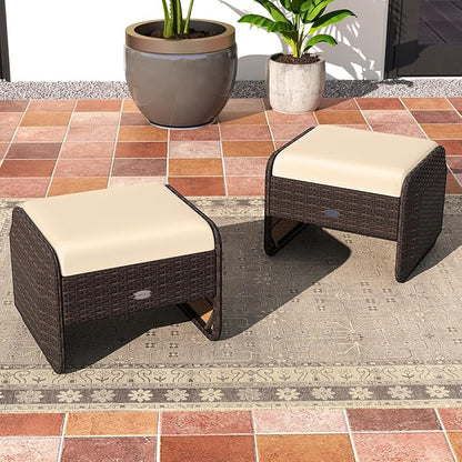 Tangkula 2 Pieces Patio PE Wicker Ottomans with Removable Cushions, Multipurpose Outdoor Furniture for Additional Seating, Footrest and Side Table, Outdoor Footstools for Porch, Backyard (Beige)