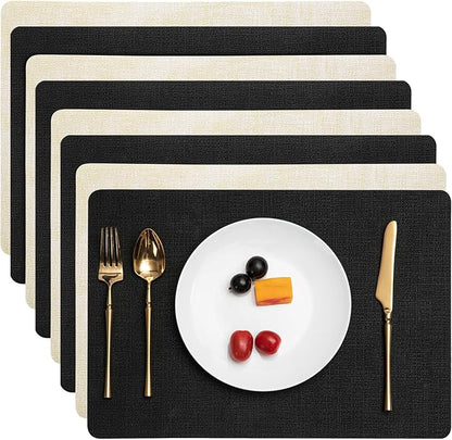 Myir JUN Placemats Set of 8, Dual Sided Faux Leather Placemats Place Mats Set of 8 Indoor for Dining Table Non-Slip Washable Heat Resistant Outdoor Table Mats (Set of 8, Black Cream)