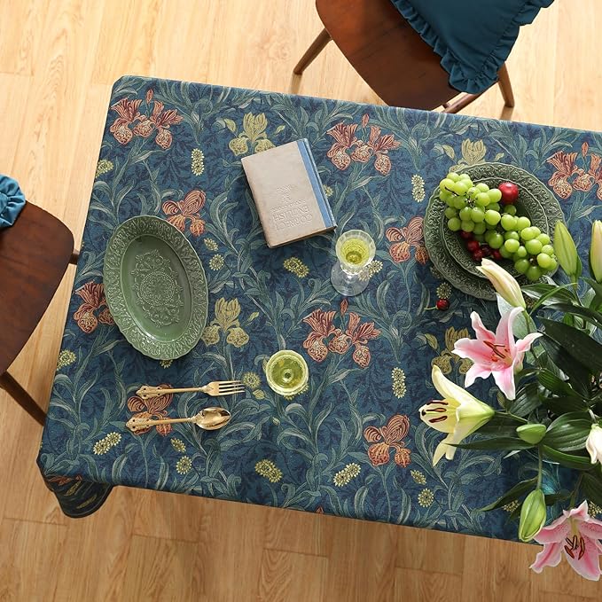 patdrea Designer Vintage Dark Blue Linen Rectangle Tablecloth,French Rustic Floral Pattern Tablecloths,Decorative Table Cover Cloth for Kitchen,Dining,Tea Party,Home,Christmas,55"*79"
