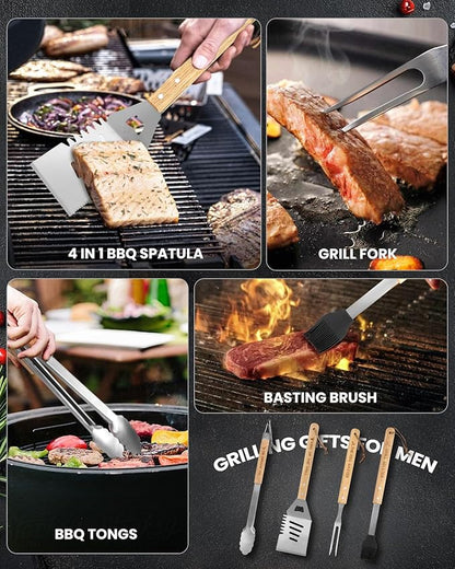 Coralogo 4PCS Grilling Accessories BBQ Tools - Stainless Steel Grill Set with Tongs, Fork, Spatula, Brush, Carrying Bag, Christmas & Birthday Gift for Men, Father, Husband
