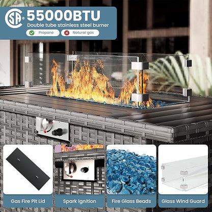 7 Piece Patio Furniture Set with Fire Pit Table, Outdoor Conversation Sets Wicker Rattan Sectional Sofa with Coffee Table, 4'' Thickened Cushion Navy Blue (Include Waterproof Cover)
