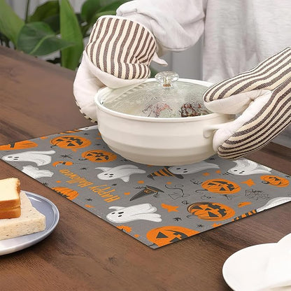 Placemats Set of 6,Pumpking Ghost Table Mats,Halloween Washable Linen Table Mats,Non-Slip Heat Resistant Placemats for Party Kitchen Dining Indoor Outdoor 12"x18"