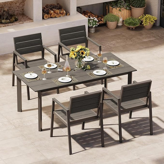Outdoor Dining Set for 4, Patio Table and Chairs Set with Umbrella Hole, 5 Pieces HDPS + Aluminum Outdoor Furniture Sets for Patio, Garden (Gray & Teak)