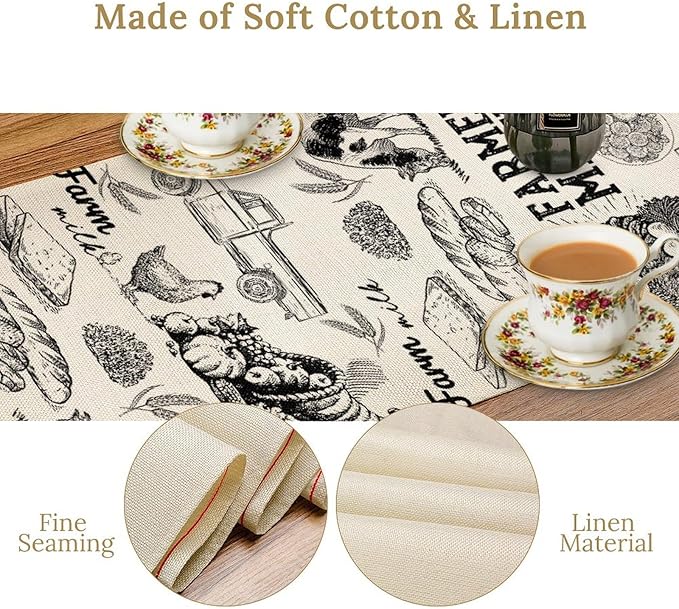 Farm Animals Table Runner, Rustic Farmhouse Cow Pig Rooster Watercolor Coffee Table Center Decor for Home Kitchen Dining Patio Holiday Party Indoor Outdoor Table Decorations, 13"x72" Inch