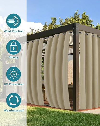 Windproof Outdoor Curtains for Patio Waterproof 4 Pcs 54x95 In Taupe | Grommet - Image 3