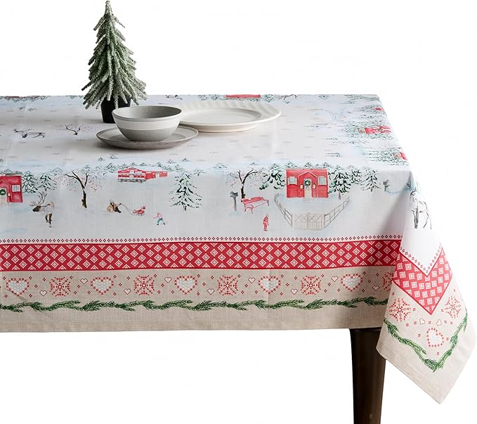 Maison d' Hermine Table Cloth Rectangle Table 100% Cotton 60 x 90 Inches Fall Tablecloth Reusable Everyday Use for Thanksgiving Christmas Decorations Dining Farmhouse Party (Rural Christmas)