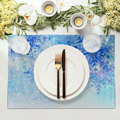 Giwawa Christmas Snowflake Placemats, White Blue Falling Crystal Nature Ice Table Mat, Winter Snow Place Mats Set of 4 for Kitchen Dining Decor, 12"x18", Heat Resistant Non-Slip