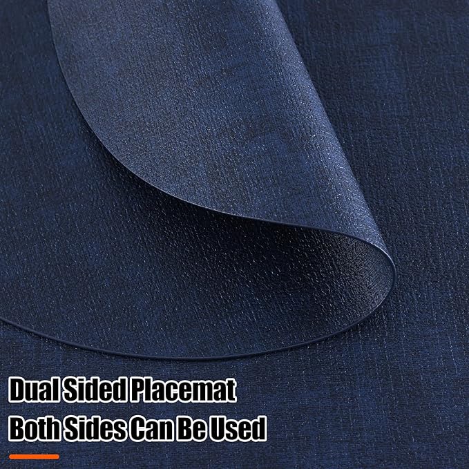 Homaxy Round Faux Leather Placemats and Coasters, Washable Dual-Side Table Mats, Wipeable Heat-Resistant Dining Place Mats for Outdoor and Indoor, Set of 6, Diameter 13 and 3.93 inch, Navy Blue