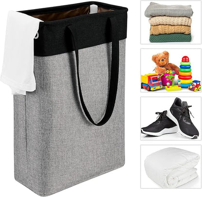 Laundry Hampers 15.2Lx7.5Wx23H Small&Tall Slim Fabric Laundry Baskets Thin Narrow Black+Gray Compact Hamper Capacity 43L for Space-Saving,QY-SC23-2