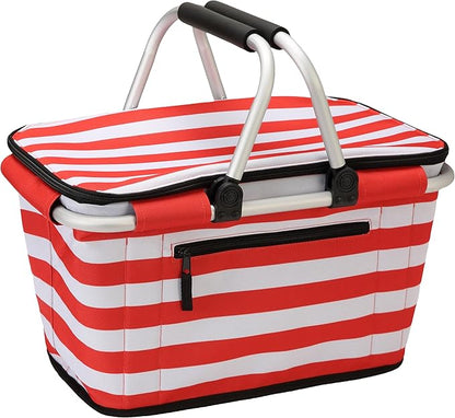 SIYUAN Picnic Basket with Handles 30L Leakproof Insulated Cooler Stripped Grocery Shopping Market Tote for Family Red White